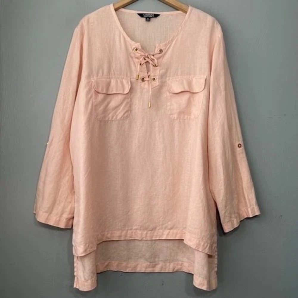 Ellen Tracy 100% Linen Tunic Top Peach Tie Front Roll Tab size 2X Lagen Look